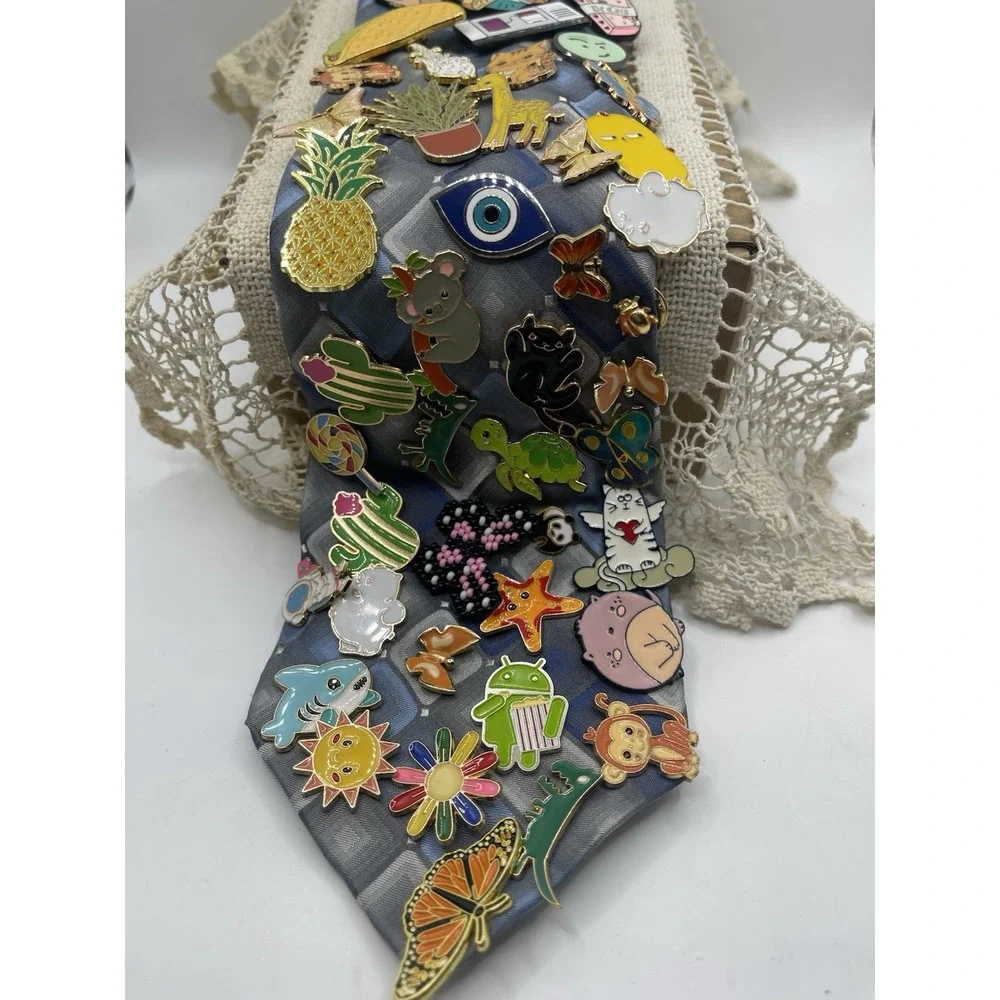 Huge Lot of 40+ Enamel Lapel Pins‎ on Blue Geometric Necktie Animal Food Quirky
